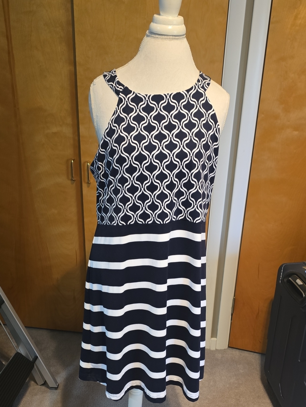 Southern Tide Navy and White Halter Midi Dress with Mixed Prints